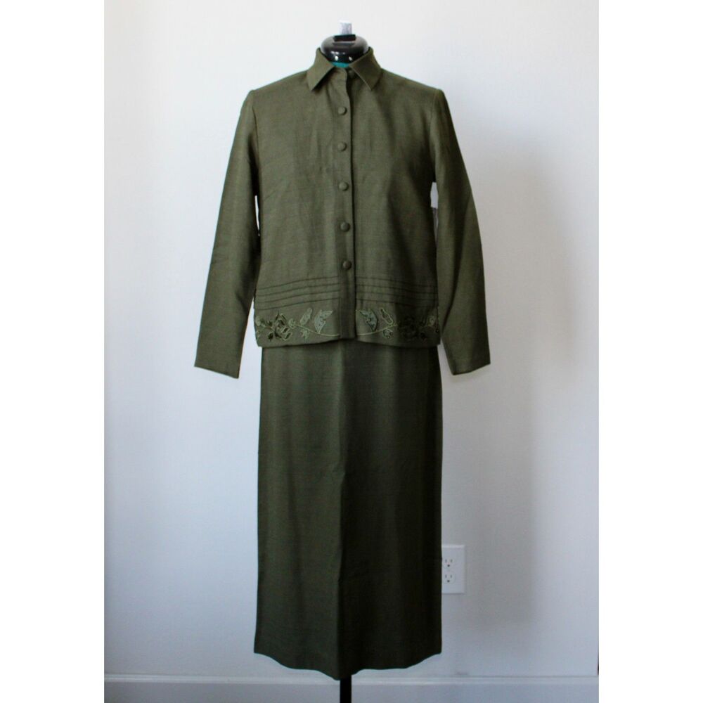 NWT Vintage Karin Stevens Dress Size 4P Green Embroidered Petites 2pc New‎